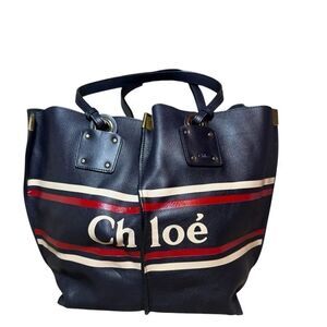 Chloé Navy Blue Leather Red White Striped Vick Tote Bag Auth With Zip Pouch